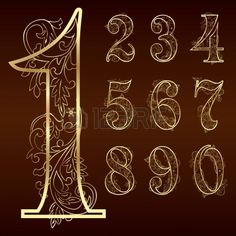 an ornate font with numbers and symbols in the style of art nouveaus on a brown background