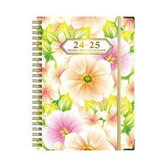 a spiral bound notebook with flowers on the front and back cover, featuring an address card