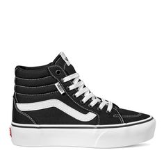 Style meets substance in these cool women’s Vans Filmore Hi black/white platform sneakers. Made of canvas upper, these high-top sneakers have a round toe, lace-up closure, padded collar with quilt stitching details and tongue, iconic Vans sidestripe, cushy footbed and a signature rubber waffle outsole. | Vans Women's Filmore Hi Platform Sneaker in Black/White Size 6 Medium Vans Women, Sneakers Vans, Kids Sunscreen, Casual Trainers, Vans High Top Sneaker, Keep Fit, Platform Sneaker, Mens Skin Care, Vans Sneakers