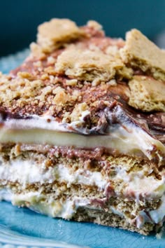 a close up of a piece of cake on a plate with crackers and ice cream