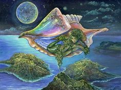 a painting of a sea shell with a mermaid on it's back and the moon in the background