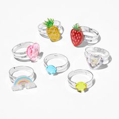 Claire's Club Pineapple Fruit Silver Rings - 7 Pack Kawaii Ring, Strawberry Heart, Lip Gloss Homemade, Valentine Baskets, Sun Aesthetic, Piercing Kit, Barbie Doll Accessories, Bunny Bunny, Pineapple Fruit