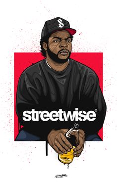 a drawing of a man holding a drink in one hand and the word streetwise on the other