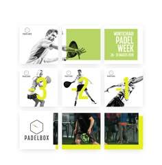 an advertisement for the international padel week is shown in green and white colors, with images of people holding tennis racquets