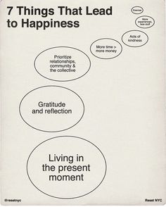 a poster with the words 7 things that lead to happiness and living in the present moment