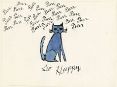 a blue cat sitting on top of a piece of paper with words written in it