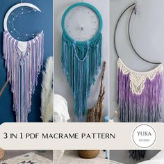 there are three pictures with different designs on them and the words 3 in 1 macrame pattern