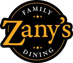 the zany's dining logo is shown in black and yellow, with stars on it