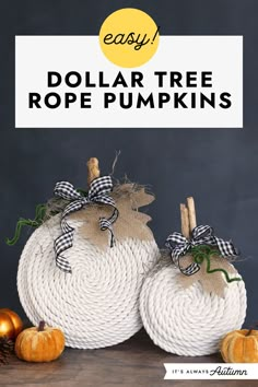 two pumpkins sitting on top of rope with the words easy dollar tree rope pumpkins