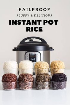 five different types of rice in front of an instant pot