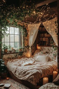 an unmade bed with lights strung from the ceiling and greenery on the walls