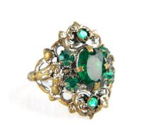 Antique French Paste Rhinestone Emerald Green Cocktail Ring - Statement - May Birthstone - Early 1900's - Size 4 Green Cocktail, May Birthstone, French Antiques, Emerald Green