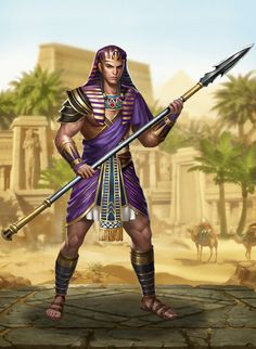 an egyptian man holding two large spears in his right hand and wearing purple clothing with gold accents