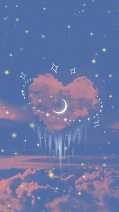 a heart shaped cloud floating in the sky with stars and crescents above it, surrounded by clouds