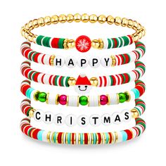 PRICES MAY VARY. Happy Christmas Bracelets: You will receive a set of 6 Christmas bracelets with snowflakes, Santa Claus patterns, and "HAPPY", "CHRISTMAS" beads. Classic Christmas colors, red, white and green, bring these Christmas bead bracelets, perfect for the Christmas atmosphere! Size & High Quality: Christmas preppy bracelets made of decent quality beads, crystal beads and Soft pottery chip, lead free, nickle free, lightweight comfort and durable for all season wear. The Christmas beaded Preppy Xmas Bracelets, Christmas Friendship Bracelets, Christmas Beaded Jewelry, Valentines Day Accessories, Christmas Preppy, Burr Basket