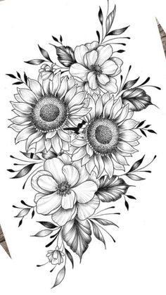 a black and white drawing of flowers