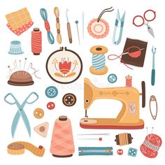 sewing supplies and tools arranged in the shape of a circle