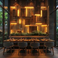 the dining room is lit up with lights and wooden paneling, along with white chairs