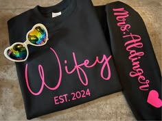 two t - shirts with sunglasses on them and the words wife est 2024 printed on them