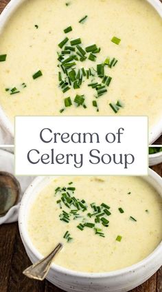 two bowls filled with cream of celery soup on top of a wooden table