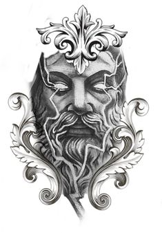 a black and white drawing of a man's face with an ornate design on it