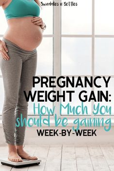 a pregnant woman standing on a scale with the words pregnancy weight gain how much you should be gaining week - by - week