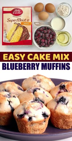 blueberry muffins on a plate with ingredients to make them