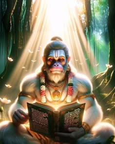 a monkey sitting in the middle of a forest reading a book with light coming from behind it