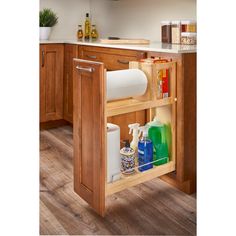 an open cabinet in the middle of a kitchen with cleaning products and other items inside