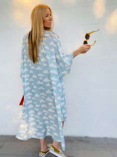 Dreamy cloud kimono; cute 90s aesthetic blue and white cloud robe or beach coverup Oversized White Cover-up For Loungewear, Blue Long Sleeve Sleepwear For Vacation, Summer Beachwear Sleepwear With Long Sleeves, Long Summer Sleep Robe, Long Summer Robe For Sleep, Blue Beachwear Cover-up For Loungewear, Blue Beachwear Sleepwear For Vacation, Casual Spring Beach Cover-up Robe, Summer Kimono Sleeve Sleepwear