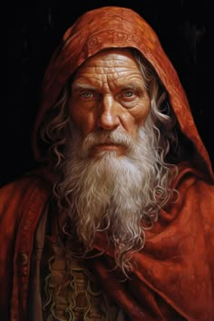 a painting of an old man with long white hair and beard wearing a red cape