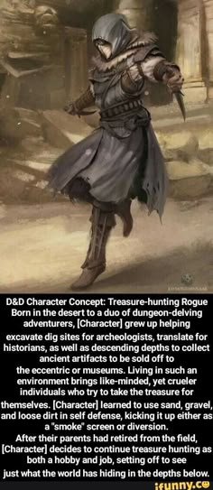 an image of a character in the video game, with text above it that reads d & d character concept treasure hunting roup