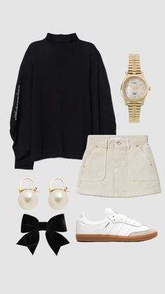 a woman's outfit with white shoes, black sweater and gold watch on the wrist