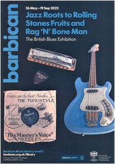 an advertisement for the rock and roll band, featuring a blue electric guitar with accessories