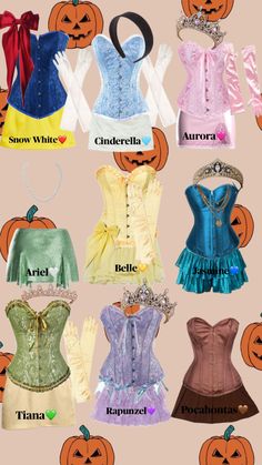 many different types of corsets with pumpkins in the background and words on them