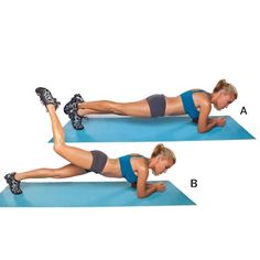 a woman is doing an exercise on a blue mat