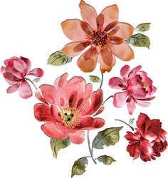 watercolor painting of pink and orange flowers with green leaves on white background, including one large flower