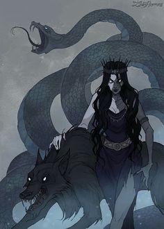 a woman standing next to a black dragon