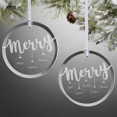 two ornaments hanging from a christmas tree with the words merry and mr and mrs on them