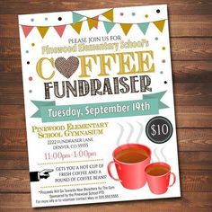 a coffee fundraiser flyer with two cups of coffee on the front and back, along with pennants