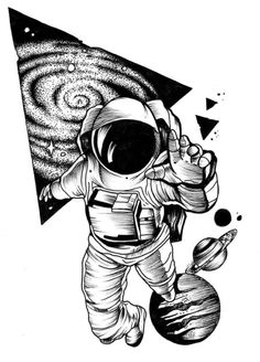 an ink drawing of an astronaut floating in space