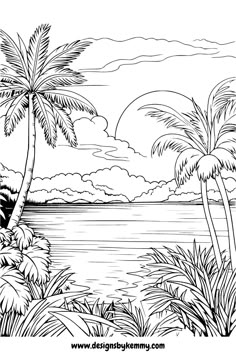 a tropical scene with palm trees and the ocean in black and white coloring book page