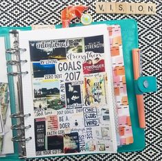 an open planner with lots of different things on it