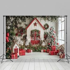 a christmas backdrop with presents and decorations