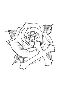 a black and white drawing of a rose with crossbones on the bottom side