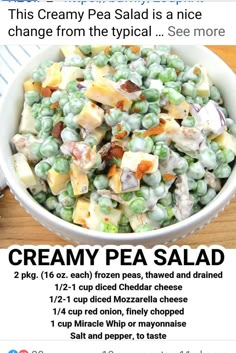 the recipe for creamy pea salad is shown