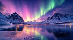 the aurora lights shine brightly over mountains and water in this beautiful scene with snow - capped mountains