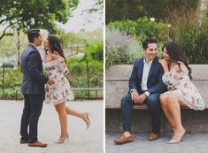 a man and woman sitting on a bench in front of some trees, one is kissing the other's cheek