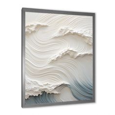 an abstract painting on the wall with waves in white and blue colors, as well as grey