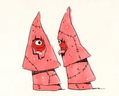 two cartoon characters are facing each other with their heads covered in red cloths and eyes closed